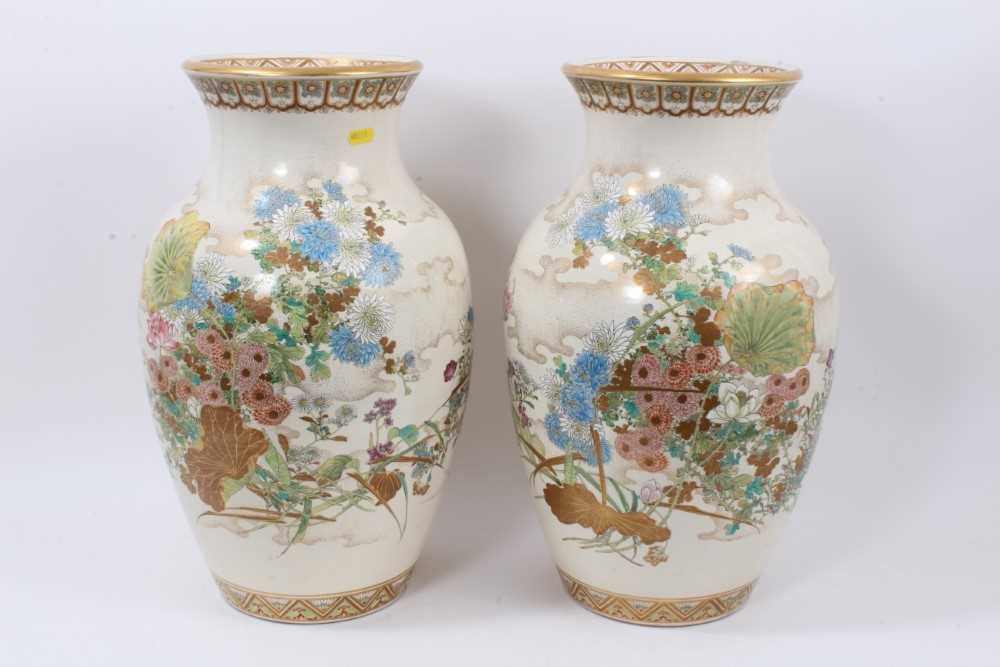 Pair impressive late 19th century Japanese Satsuma earthenware vases and pair hardwood stands - Image 2 of 10