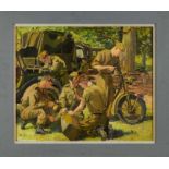Deirdre Henty-Creer (1928-2012) oil on canvas - WWII Soldiers repairing a motorbike. After the war,