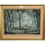 Manner of Cecil Beaton (1904-1980), watercolour, Theatre set design, figures in woodland, 29.5cm x 4