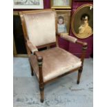 19th century Continental mahogany and ormolu mounted open armchair, with showwood scroll and pad arm