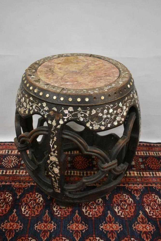 19th century Chinese garden seat with marble top and mother of pearl inlay - Image 2 of 9