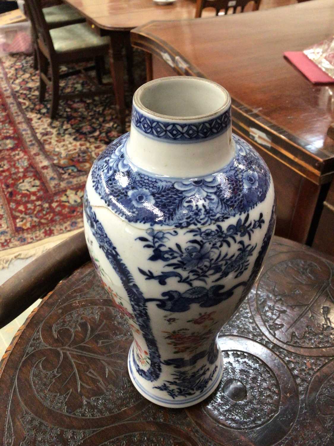 Pair of 18th century Chinese blue and white porcelain vases with polychrome painted decoration. - Image 3 of 6