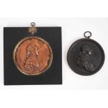 19th century copper medallion depicting Louis XVI, in ebonised wood frame