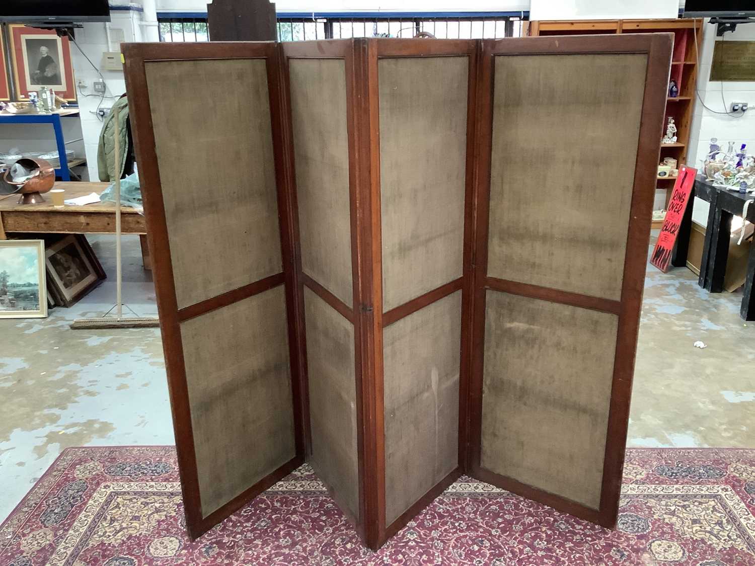 Late 19th/early 20th century mahogany framed brass mounted four-fold screen - Image 4 of 4