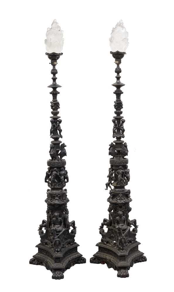 Fine pair of 19th century Venetian bronze standard lamps, converted for electricit