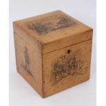 Regency penwork sycamore single canister tea caddy, the penwork decoration on each side and hinged l