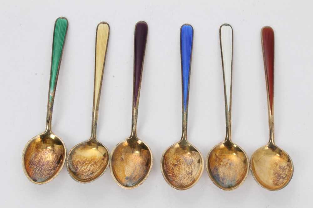 Set of six Danish enamelled coffee spoons, boxed