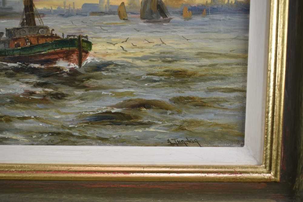 English School, circa 1880, pair of oils on canvas - a tug pulling a two masted vessel and other shi - Image 6 of 8