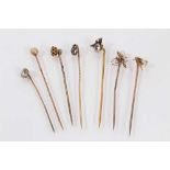 Seven antique stick pins to include three gold and gem-set novelty insect stick pins