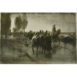 *Gerald Spencer Pryse (1882-1956) black and white lithograph - Indians and motor buses near Popering