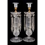 A good pair of 19th century cut glass candlesticks, with prismatic lustre drops, 34.5cm high