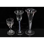 Georgian air twist wine glass with trumpet bowl, together with a Continental wine glass with blue an