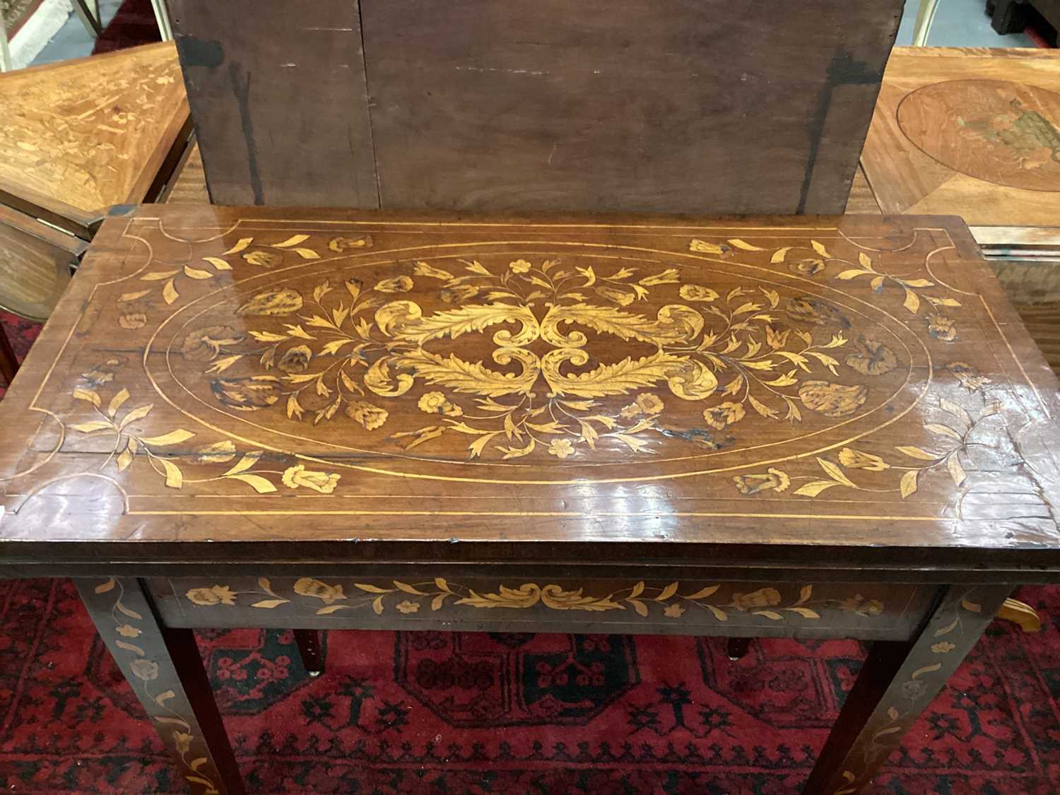 Early 19th century Dutch mahogany and marquetry card table, rectangular fold-over top on square tape - Image 2 of 9