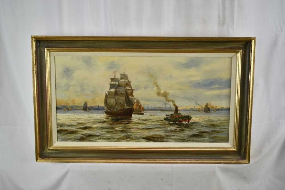 English School, circa 1880, pair of oils on canvas - a tug pulling a two masted vessel and other shi - Image 5 of 8