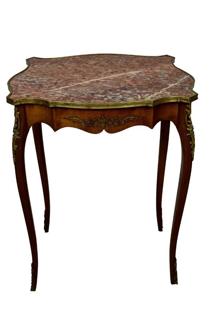 Continental walnut and gilt metal mounted marble topped side table, of serpentine form on slender ca