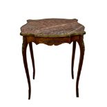 Continental walnut and gilt metal mounted marble topped side table, of serpentine form on slender ca
