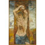 Dorothy Mead (1928-1975) oil on canvas - Lacrimosa, crucifixion, signed and dated '71, 77cm x 127.5c