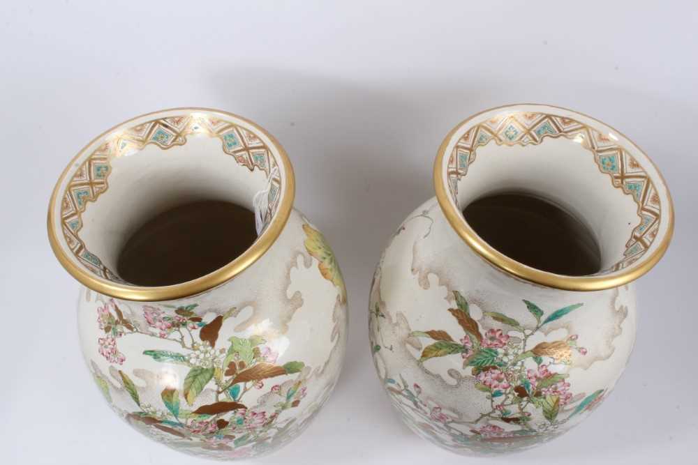 Pair impressive late 19th century Japanese Satsuma earthenware vases and pair hardwood stands - Image 4 of 10