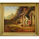 Manner of George Morland, an early 19th century, oil on canvas, of a peddler showing his wares to a