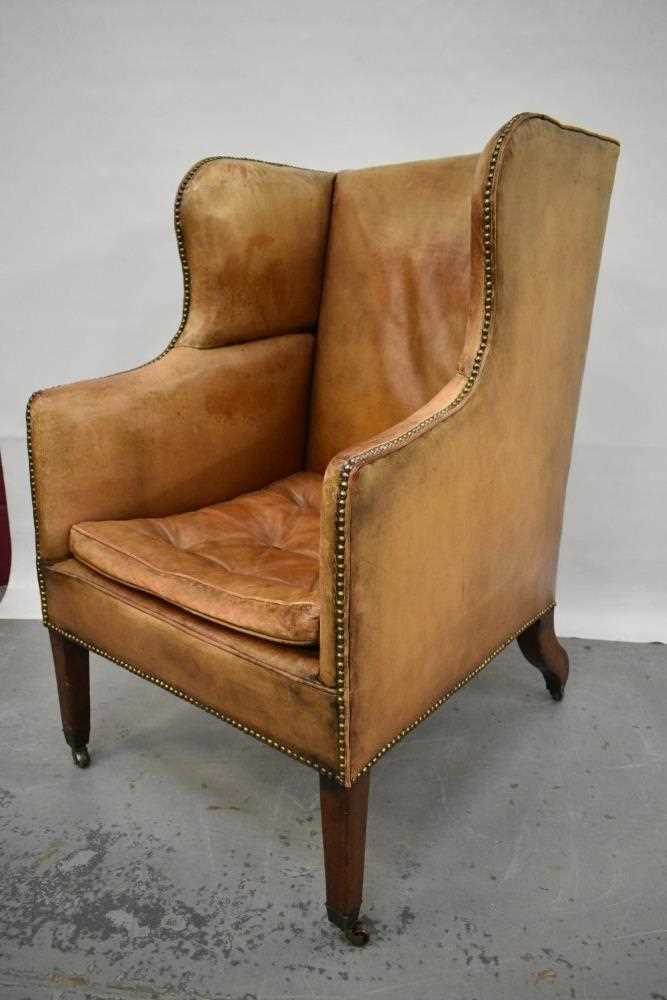 19th century leather upholstered wing armchair - Image 6 of 14