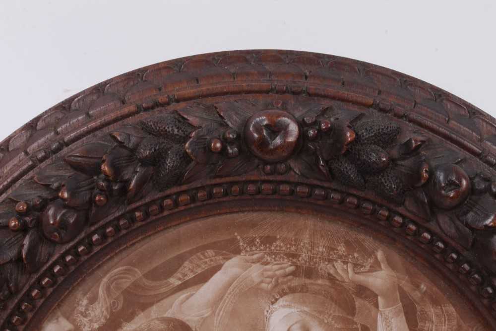 Finely carved 19th century walnut circular frame, carved with fruiting wreath in lambrequin and bead - Image 4 of 8