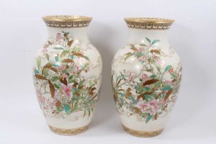 Pair impressive late 19th century Japanese Satsuma earthenware vases and pair hardwood stands
