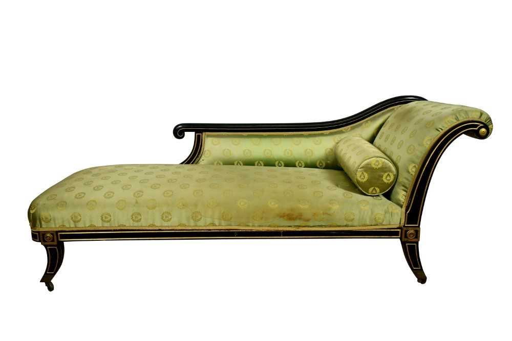 French Empire gilt and black painted chaise, with Napoleonic motif fabric