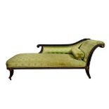 French Empire gilt and black painted chaise, with Napoleonic motif fabric
