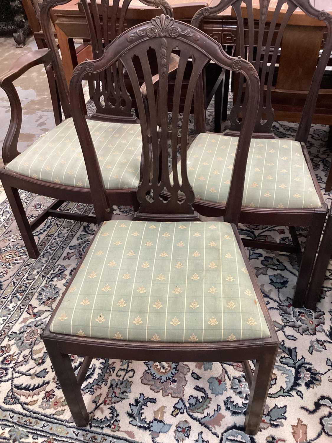 Set of six Hepplewhite style mahogany dining chairs, each with arched pierced splat back and slip in - Image 3 of 9