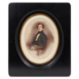 Manner of David Wilkie (1785-1841) watercolour, Portrait of a young man seated, 19 x 14cm, oval, in