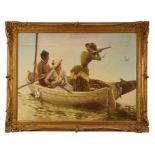 Continental School, 19th century, oil on canvas - two ladies shooting from a rowing boat, indistinct