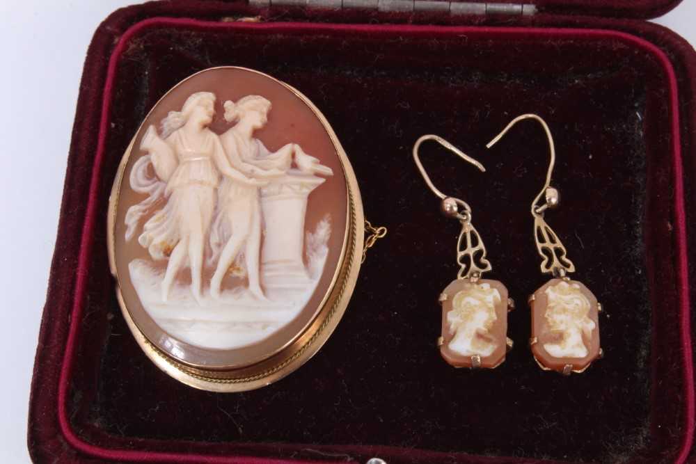 Group of cameo jewellery to include three gold mounted brooches, earrings and an antique cameo brace - Image 4 of 4