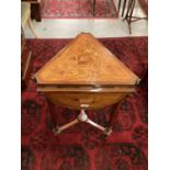 Edwardian mahogany, rosewood crossbanded and musical trophy marquetry envelope card table, triangula