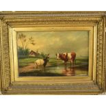 English School, 19th century, pair of oils on panel - Livestock in Landscapes, 20cm x 32cm, in gilt