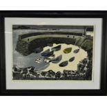 *Graham Clarke (b.1941) woodblock print - Coverack Harbour, signed artists proof, 68cm x 48cm in gla