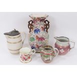 Five pieces of 19th century English pottery, including a Mason's style twin-handled chinoiserie vase