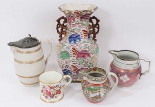 Five pieces of 19th century English pottery, including a Mason's style twin-handled chinoiserie vase