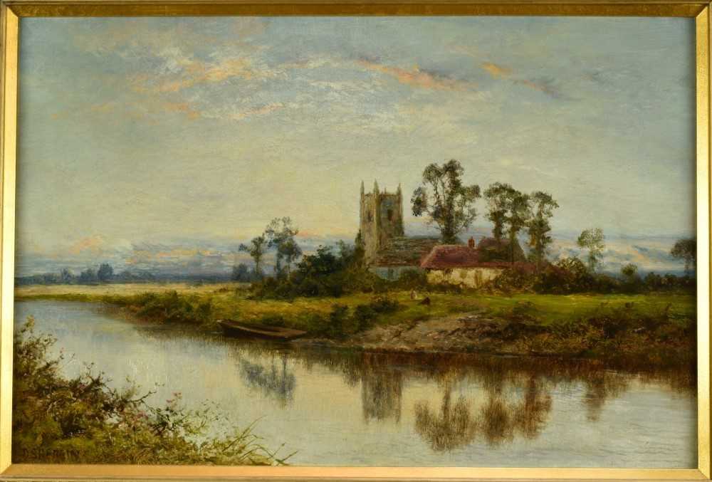 Daniel Sherrin (1868-1940) oil on canvas - River Landscape with a Church, signed, 51cm x 76cm, in gi - Image 2 of 8