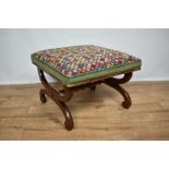 Victorian mahogany X-frame stool with woolwork top, 56 x 56cm