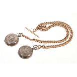 Edwardian 9ct gold curb link watch chain and two silver sovereign holders