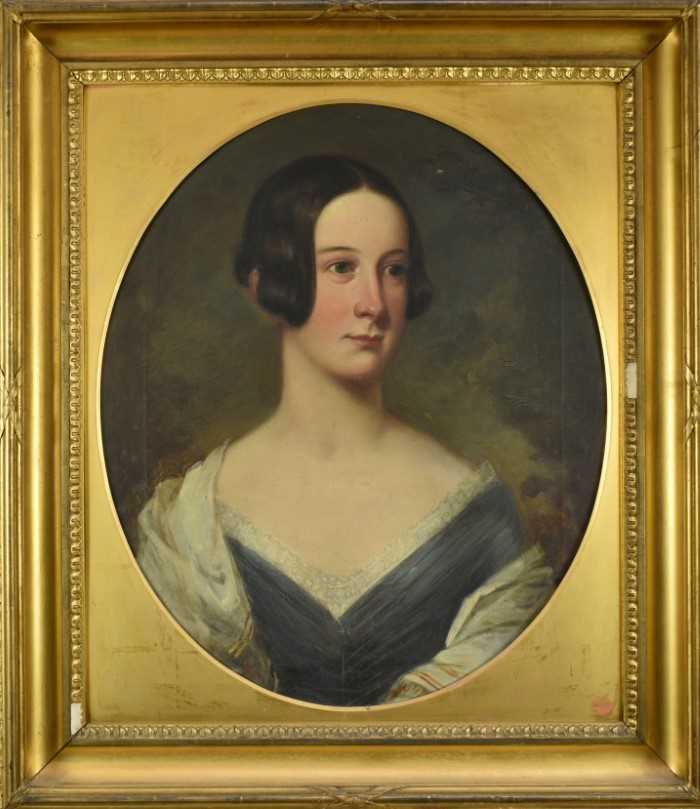 English School, early 19th century, oil on canvas - portrait of a young lady, oval, 59cm x 50cm, in