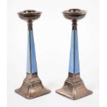 Pair of Art Deco silver and blue enamel candlesticks