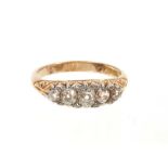 Late Victorian diamond five stone ring with five graduated old cut diamonds in carved gold setting o