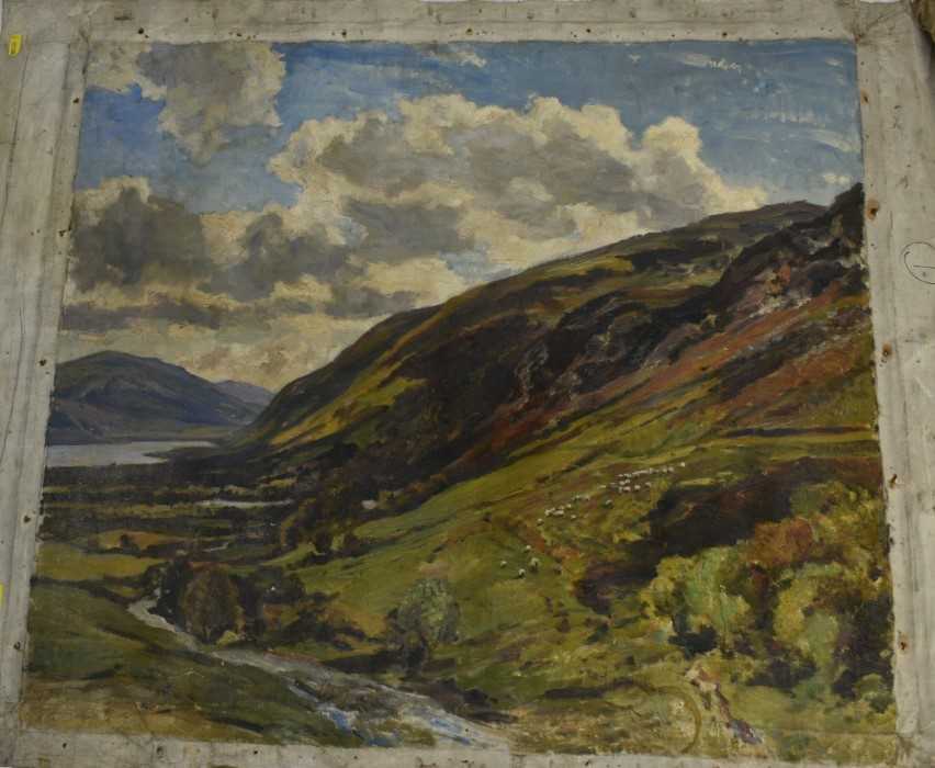 Manner of Herbert Hughes Stanton (1870-1937) oil on canvas (unstretched), extensive landscape, 66cm