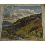 Manner of Herbert Hughes Stanton (1870-1937) oil on canvas (unstretched), extensive landscape, 66cm