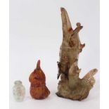 Chinese russet jade carving of a pike in waves, 20cm high, together with carved jade snuff bottle an