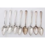 Collection of eight Georgian and later silver Old English pattern table spoons