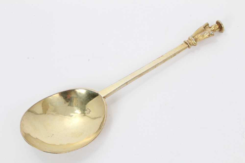 Rare Charles II silver gilt ascribed South West apostle spoon, St Bartholomew, with a plain nimbus,