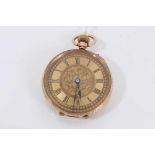 Late 19th century ladies Swiss 14k gold fob watch with engraved dial with Roman numeral hour markers