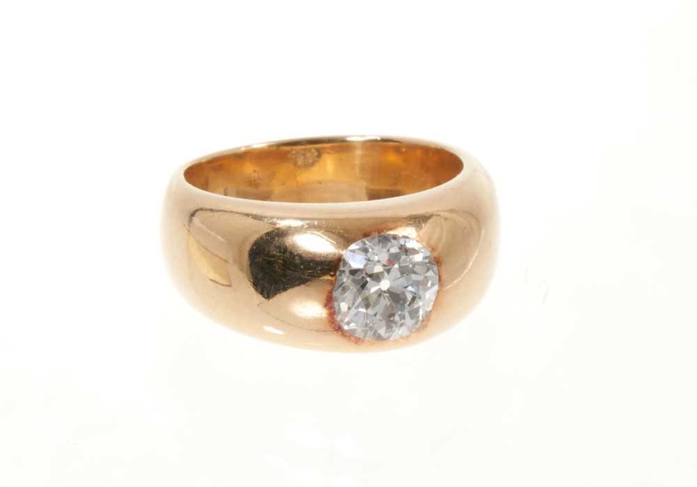 Diamond gypsy ring with an old cut diamond estimated to weigh approximately 1.15cts in rub-over gold